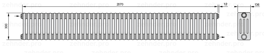 Схема (чертеж) Радиатор Zehnder Charleston 4030/45 №1670 Белый глянцевый RAL 9016